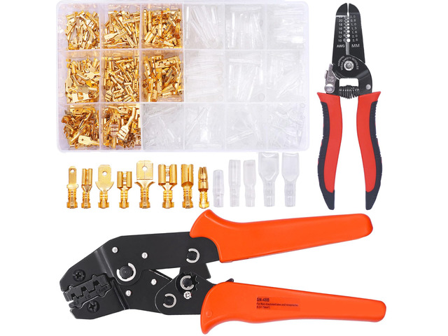 /640Pcs 2.8/4.8/6.3mm Quick Splice Male and Female Wire Spade Connector Crimp Terminal Golden Kit with Wire Terminal Crimping Pliers Tools 26-16AMG...
