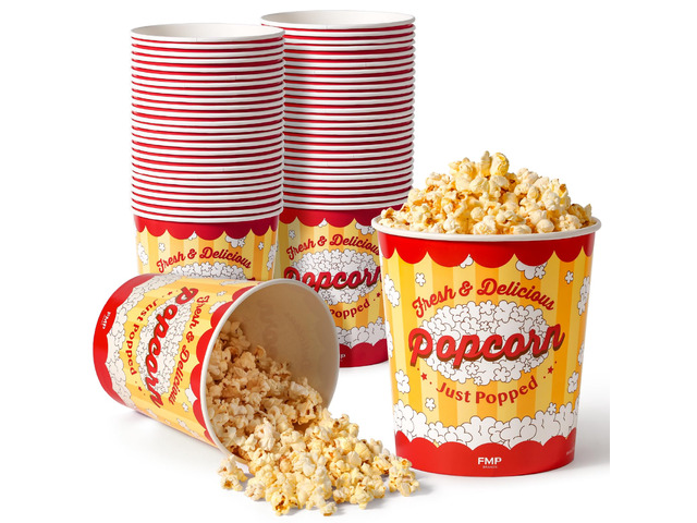 25 Pack Large Popcorn Buckets Disposable, 130 Oz Yellow and Red Paper Popcorn Containers Tubs for Home and Theater Movie Night