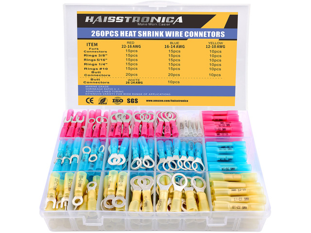 260PCS Heat Shrink Wire Connectors, 26-10 AWG, 4Colors/19Sizes Marine Grade Ring, Fork, Spade & Butt Terminals for Multiple Automotive & Boat...