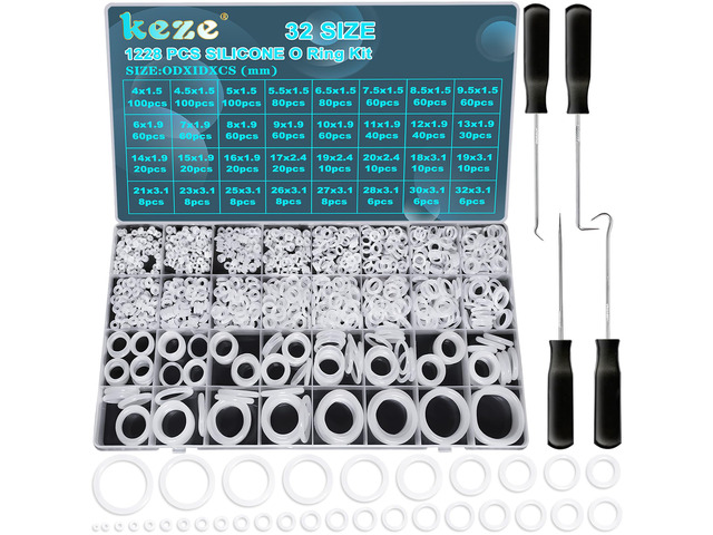1228 Pcs 32 Size Clear Food Grade Silicone O Rings Assortment Kit with Pick and Hook,White Heat Resistance VMQ Seal O Ring Set Metric OD:4-32mm
