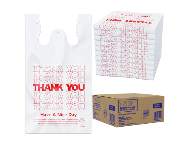 Thank You T-Shirt Bags (1000 Count), Plastic - T-Shirt Plastic Bags in Bulk - (11' x 6' x 21') White/Thank You - Bulk Shopping Bags, Restaurant Bag...