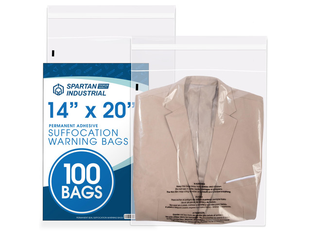 14 X 20 (100 Count) Self Seal Clear Poly Bags with Suffocation Warning for Packaging, Clothes & Shipping - Permanent Adhesive