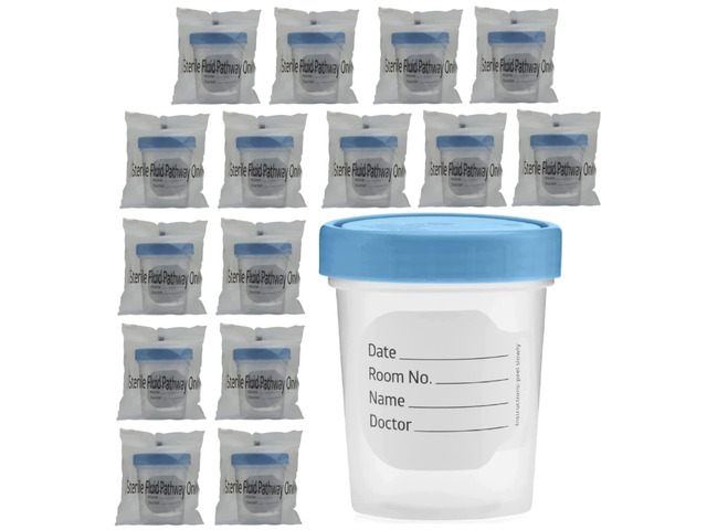 Sterile Specimen Cups 4 oz, Urine Collection Cups 15 Pack Individually bagged sterile cups with screw-on lids for urine collection, specimen...