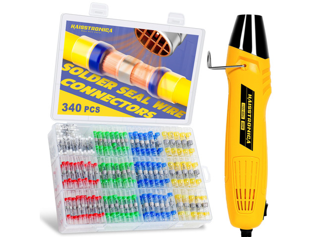 340PCS Solder Seal Connector Kit, 350W Heat Gun, AWG 26-10 Clear Sleeves, 2 Heat Settings, Focused Nozzle, 4 Color-Coded Sizes, Mini Heat Gun,...