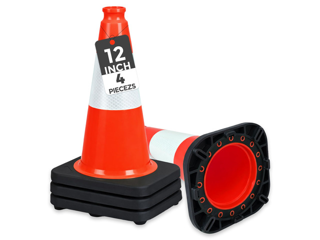 4 Pack 12 Inch Red Traffic Cones with 4 Inch Reflective Collar, Heavy Duty PVC Safety Cones with 8.5 x 8.5 Inch Base for Parking, Driving Practice,...