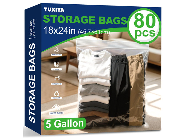 80PACK 5 Gallon Large Zipper Bags for Storage 18' x 24' Storage Bags Large Clear Zipper Bags Reusable with Sealable Zippers Top for Clothes, Travel...