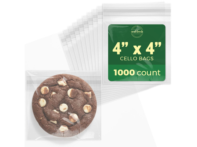 Self Sealing Cellophane Bags - 4' x 4' (1000 Count) - Clear Plastic Resealable Cello Bag - Cellophane Treat Bags, Cookie Bags for Packaging, Candy...