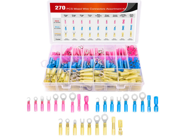 270 PCS Heat Shrink Wire Connector Waterproof Marine Automotive Connector Assortment Rings Fork Hook Spade Butt Splices
