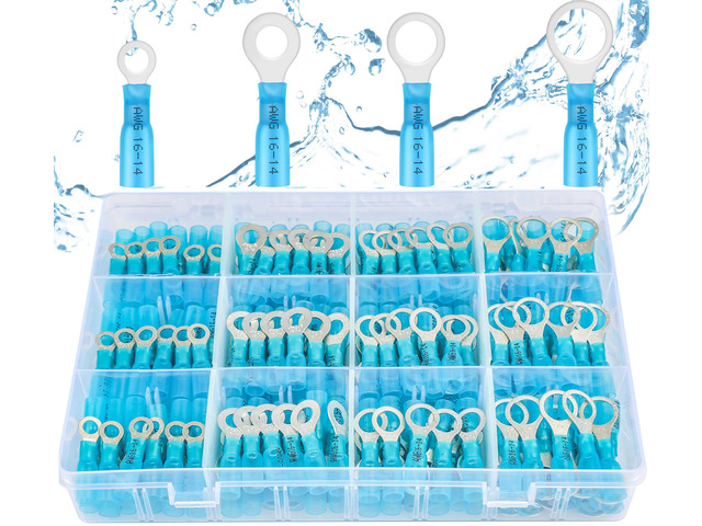200PCS Heat Shrink Ring Terminals, 16-14 AWG, Blue 4 Sizes Battery and Ground Stud Connections, Automotive Ground and Equipment Wiring, Heat Shrink...