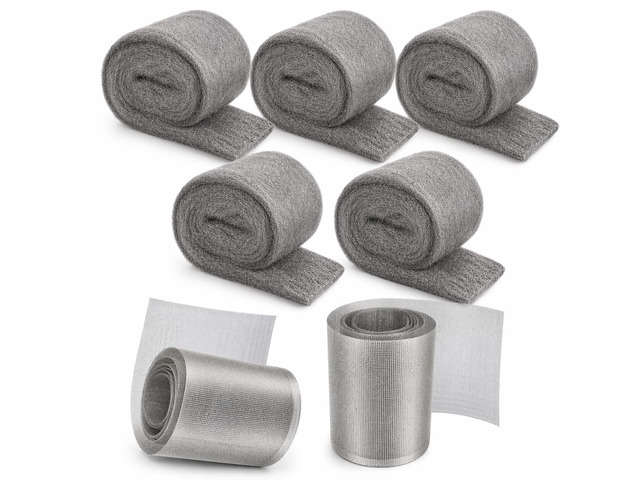 Steel Wool Bulk, Steel Wool Mice Control 5 Pack 2.75 In x 11.5 Ft Steel Wool & 2 Pack 5 In x 15 Ft Stainless Wire Mesh, Mouse Hole Filler for House...
