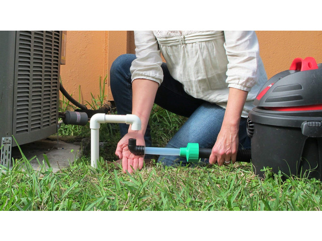 Patented specialty wet vac attachment to unclog and evacuate ac drain lines