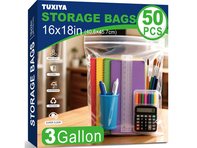 50PACK 3 Gallon Large Zipper Bags for Storage 16' x 18' Storage Bags Large Clear Zipper Bags Reusable with Sealable Zippers Top for Clothes, Travel...