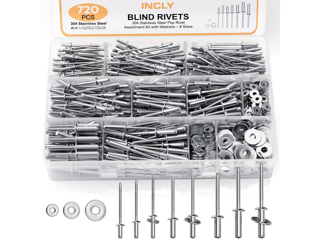 720Pcs 304 Stainless Steel Rivets with Washer Assortment Kit 8 Sizes Pop Rivets, 1/8', 5/32', 3/16', with 3 Sizes Washers, Stainless Rivets for...