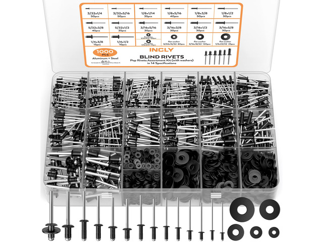 1000PCS Black Pop Rivets Assortment Kit with Washers 14 Sizes Black Rivets for Metal, 3/32',1/8',5/32',3/16',1/4', 5 Sizes 304 Stainless Steel...