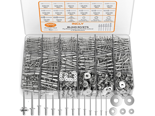 1000PCS Aluminum Pop Rivets Assortment Kit with Washers 14 Sizes Pop Rivets, 3/32',1/8',5/32',3/16',1/4', 5 Sizes 304 Stainless Steel Washers,...