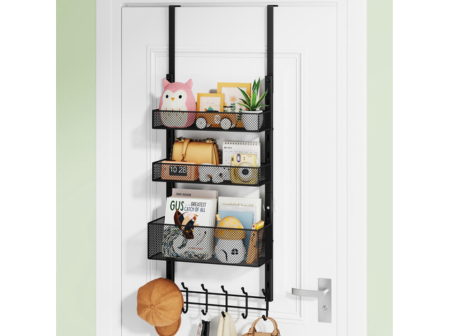 Over The Door Hanger with Coat Hooks and 3 Baskets, Rustproof Over The Door Hooks, Storage Organizer for Hats, Towels - Black