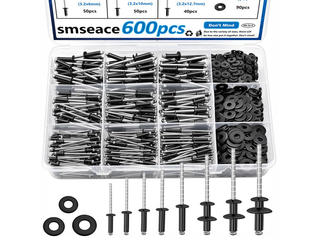 600Pcs Stainless Steel Black Pop Rivets with Washer Assortment Kit 8-Sizes Stainless Rivets(1/8Inch 5/32Inch 3/16Inch) for...