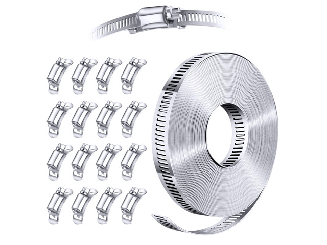 Stainless Steel Worm Gear Hose Clamp Assortment Kit, Cut-To-Fit DIY 35FT Strap+16 Fasteners, Large Adjustable Band Clamps Strapping for Pole Mount,...