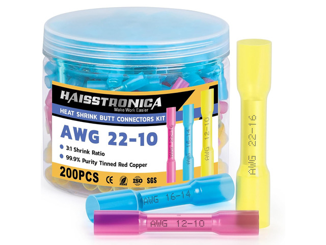200PCS Heat Shrink Butt Connectors, 22-10 AWG Mixed Sizes 3:1 adhesive-lined heat shrink, built-in wire stop, 3 colors, 3 sizes for marine,...