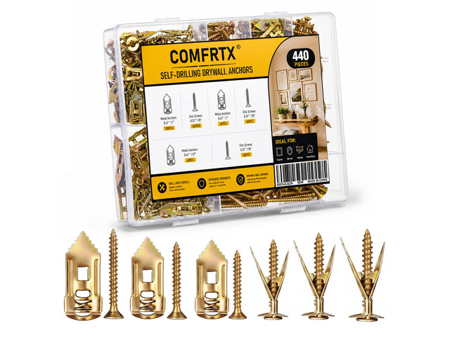 440PCS 3 Sizes Self Drilling Drywall Anchors with Screws Kit Heavy Duty Metal Expansion Sheetrock Anchors & Drywall Grip Anchors for Shelves,...