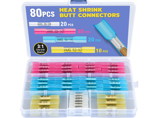 80PCS Heat Shrink Butt Connectors, 26-10 AWG 3:1 adhesive-lined heat shrink, built-in wire stop, 4 color-coded sizes for marine, automotive, and...