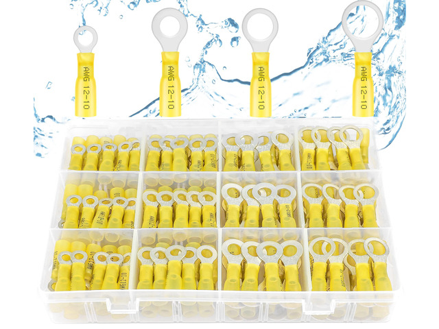 100PCS Heat Shrink Ring Terminals, 12-10 AWG, Yellow 4 Sizes Battery and Ground Stud Connections, Fuse Block, Battery Charger and Trailer Wiring,...