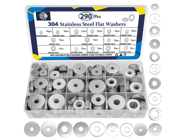 290Pcs Stainless Steel Flat Washers Assortment Kit;Fender Washer M3-M12 M3 M4 M5 M6 M8 M10 M12 Hardware Washers, 15 Sizes Metric 304SS Assorted...