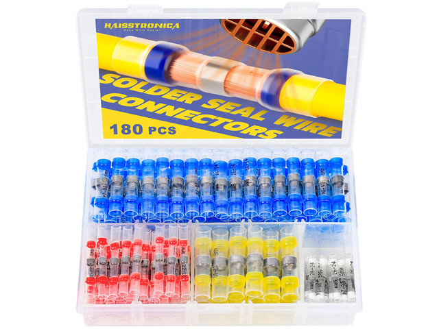 180PCS Solder Seal Wire Connectors Kit, 4 Colors/4 Sizes 26-10 AWG, Wire Gauge Markings, Clear Sleeves, Hot-Melt Adhesive Rings, Compartment...