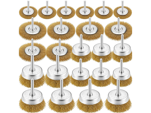 24 Pcs Brass Wire Brush for Drills, Cup & Flat Crimped Wheel Sets Sturdy Brass-Plated Carbon Steel Wires, 1/4-Inch Round Shank Attachment for Rust...