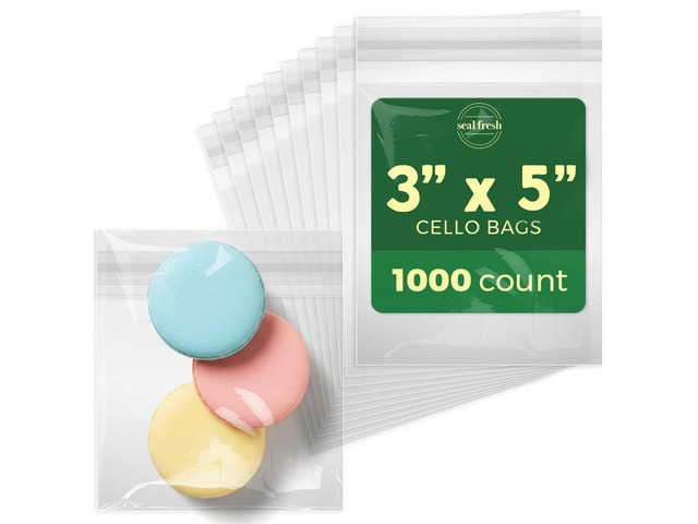 Self Sealing Cellophane Bags - 3' x 5' (1000 Count) - Clear Plastic Resealable Cello Bag - Cellophane Treat Bags, Cookie Bags for Packaging, Candy...