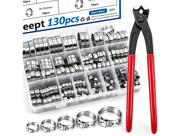 130Pcs 12-Sizes 304 Stainless Steel Single Ear Hose Clamps with Ear clamp plier 6-36.1mm Crimp Hose Clamps Assortment Kit for Auto/Home...
