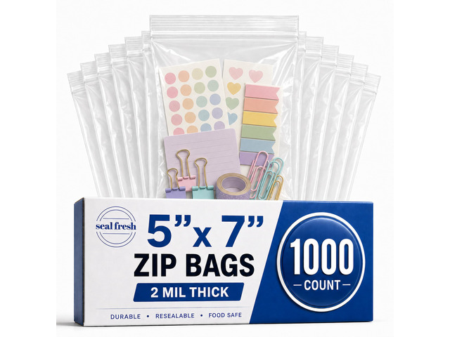5' x 7' (1000 Count) 2 Mil Clear Reclosable Zip Plastic Poly Bags 5x7 Bag Clear Reclosable Zipper for Treats, Crafts, Jewelry, Party Favors, Small...