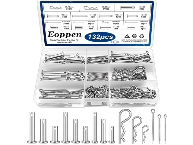 132Pcs Clevis Pin Cotter Pin Hair Pin Assortment Kit - 304 Stainless Steel 15 Sizes Cotter Pin & R Clips Pin Zinc-Plated Single Hole Flat Head...