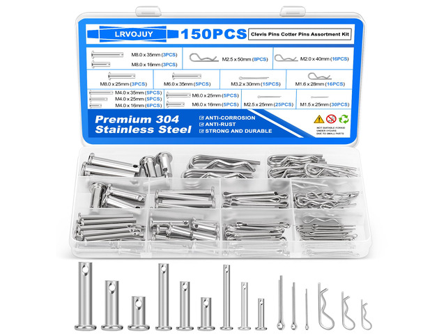 150PCS Premium 304 Stainless Steel Clevis Pins Cotter Pins R Clips Assortment Kit, 15 Sizes Single Hole Flat Head Cotter Clips Fasteners for...