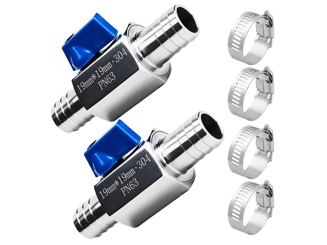 2Pack 3/4' Hose ID Barb Mini Ball Valve, Stainless Steel Small Shut Off Valve with Clamps Kit for Water Oil Gas (2, 3/4 Inch)