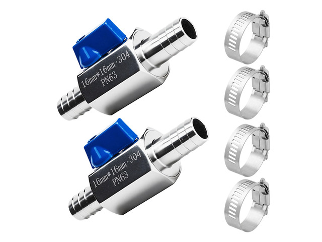 2Pack 5/8' Hose ID Barb Mini Ball Valve, Stainless Steel Small Shut Off Valve with Clamps Kit for Water Oil Gas (2, 5/8 Inch)