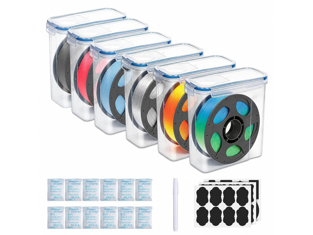 Filament Storage Box 6 Pack with Desiccants, Labels for 3D Printing Silicone Sealed Storage Container Airtight Anti-impact Stackable for 1.75mm...