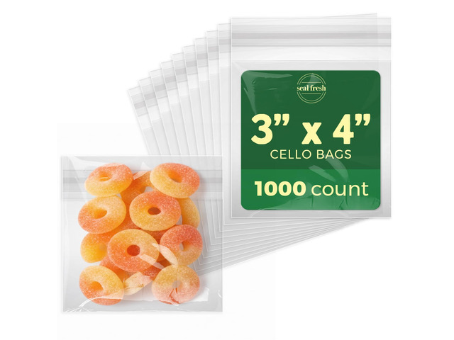 Self Sealing Cellophane Bags - 3' x 4' (1000 Count) - Clear Plastic Resealable Cello Bag - Cellophane Treat Bags, Cookie Bags for Packaging, Candy...