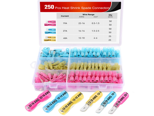 250PCS Male Female Fully Insulated Heat Shrink Spade Terminal Electrical Waterproof Wire Connectors for 22-16AWG 16-14AWG 12-10AWG Wires for...