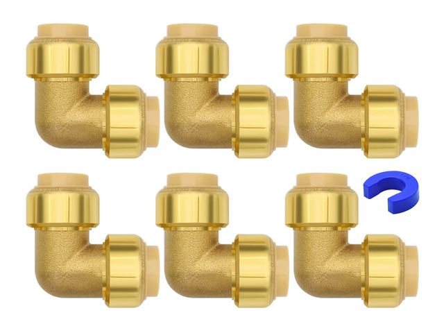 6 Pack 1/2' Pushfit Elbow Fittings with Disconnect Clip for Copper, PEX, CPVC Pipe