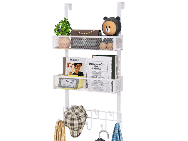 Over The Door Organizer with Coat Hooks and 2 Baskets, Stainless Steel Rustproof Over The Door Hanger Hooks for Bathroom, Kitchen, Bedroom-White...