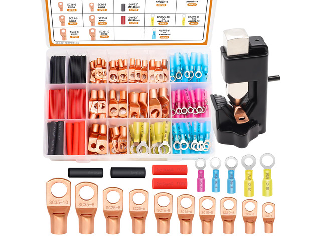 180PCS Copper Wire Lugs with Tool AWG 2 4 6 8 10 12 14 16 Gauge Battery Terminal Connectors Battery Cable Ends Connectors Copper Ring Terminal Kit...