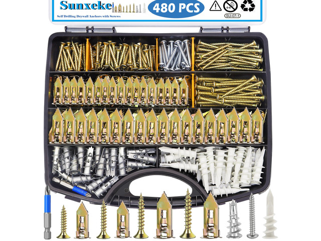 480 PCS Self Drilling Drywall Anchors Kit with Screws - 4 Sheetrock Anchors & 5 Screw Sizes (2026 Upgraded), No Drill Needed, Zinc Plated Steel and...
