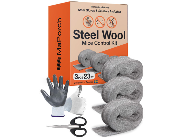 Steel Wool Mice Control 3-pc, Mouse Hole Filler, Scissors & Gloves