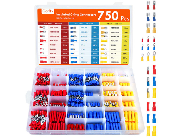 750PCS Wire Connectors Kit, Male and Female Spade Connectors, 27 Types Electrical Connector Kit 0.5-6.0mm², Insulated Terminal Connector, Includes...
