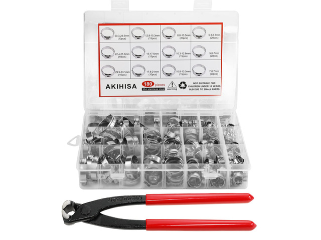 180 PCS Single Ear Hose Clamps, 12 Sizes 5.3-33.1mm Crimp Hose Clamps with Ear Clamps Pincer, 304 Stainless Steel Crimp Pinch Fitting Tools Kit