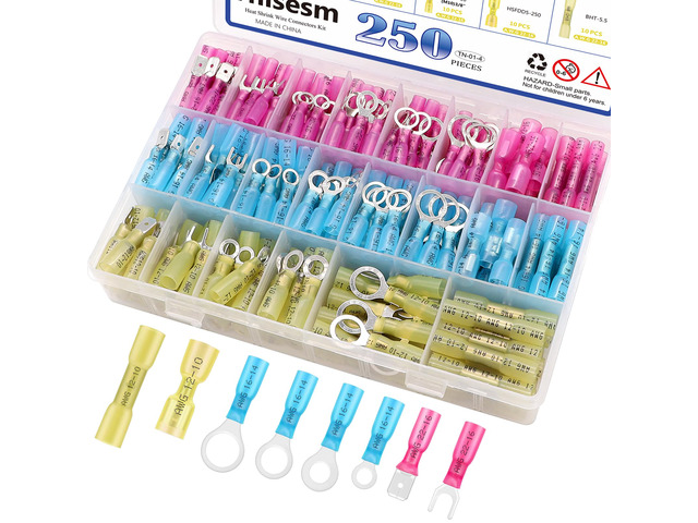 250Pcs Heat Shrink Wire Connectors, Waterproof Insulated Automotive Marine Electrical Terminals Kit, Crimp Connector Assortment, Ring Fork Spade...