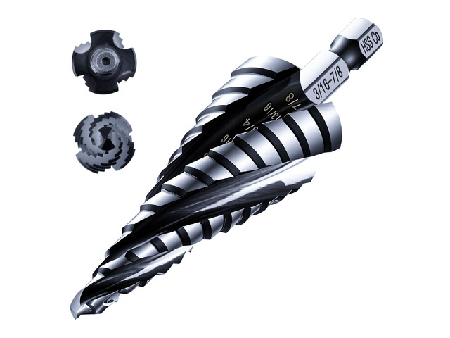toolant M35 Cobalt Step Drill Bit, 3/16'-7/8', TiAlN, 1/4' Hex Shank M35 Cobalt HSS; TiAlN Coating; Four Spiral Flutes; 1/4' Hex Shank Unibit;...