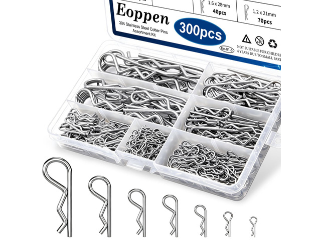 300Pcs Cotter Pin Assortment Kit - 304 Stainless Steel 7 Sizes R Clips Cotter Pins for Automotive, Trailer, Hitch Pin Lock System