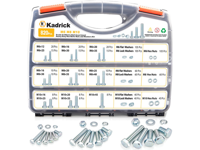 820Pcs Metric Bolt Assortment,M6 M8 M10 Hex Heavy Duty Bolts Kit Class 8.8 Bolts Nuts Flat/Lock Washers Included,M6-1.0 M8-1.25 M10-1.5 (12mm to...